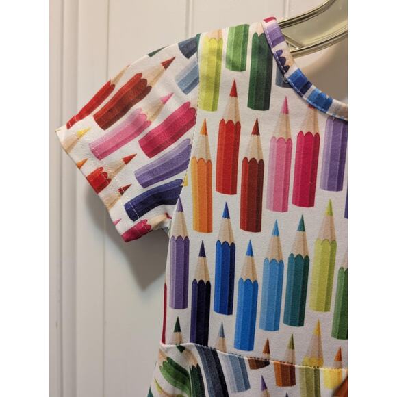 Polyester Rainbow Pencil Print Cap Sleeves Twirl Dress Girls L School - Picture 2 of 6